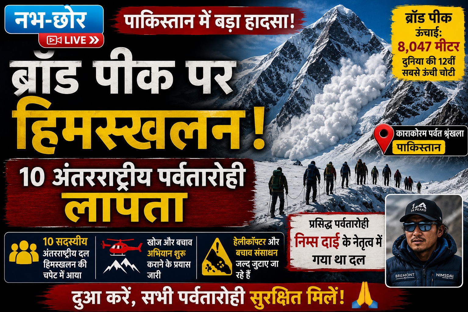 पाकिस्तान में बड़ा हादसा: ब्रॉड पीक पर हिमस्खलन, 10 अंतरराष्ट्रीय पर्वतारोही लापता