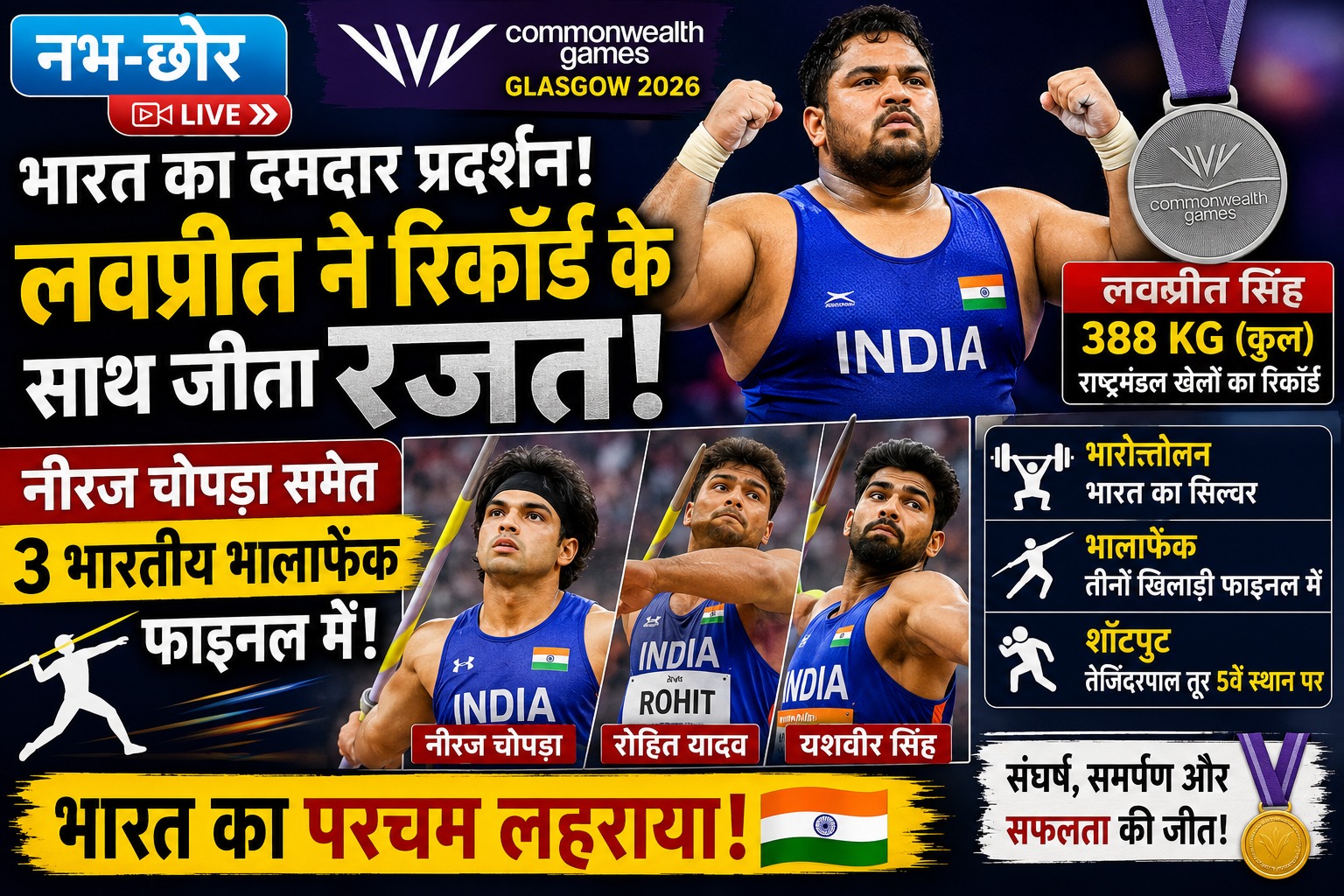 कॉमनवेल्थ गेम्स: लवप्रीत ने रिकॉर्ड के साथ जीता रजत, नीरज चोपड़ा समेत तीन भारतीय भालाफेंक फाइनल में