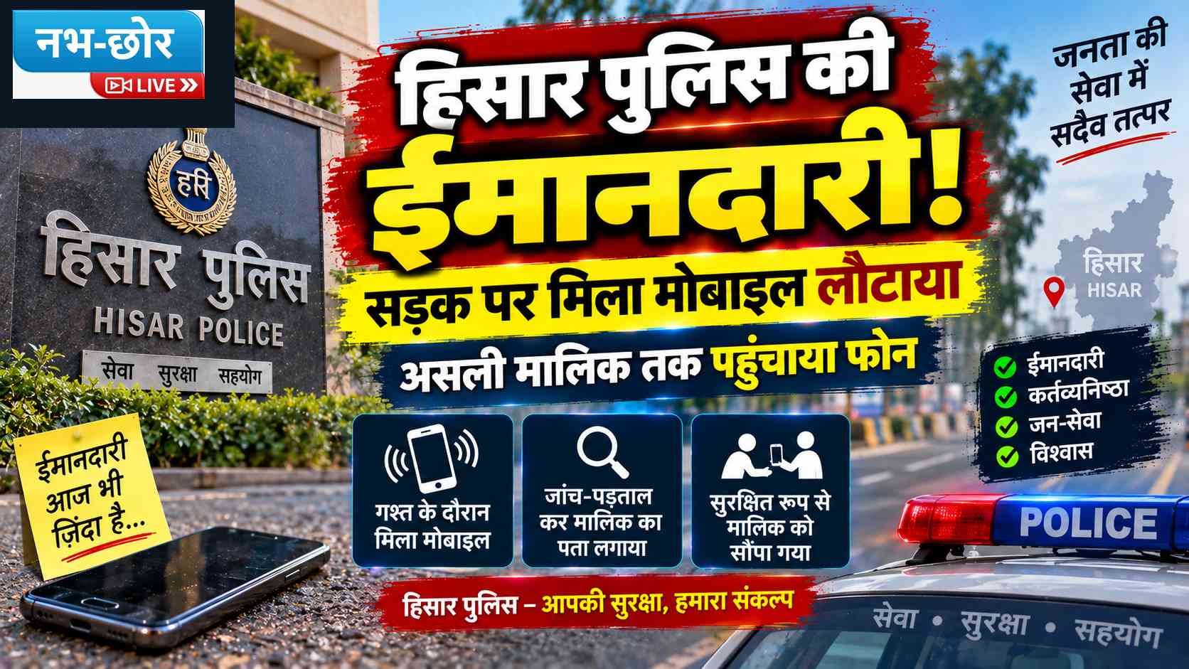 हिसार पुलिस के जवान ने पेश की ईमानदारी की मिसाल, गुम हुआ मोबाइल असली मालिक को लौटाया