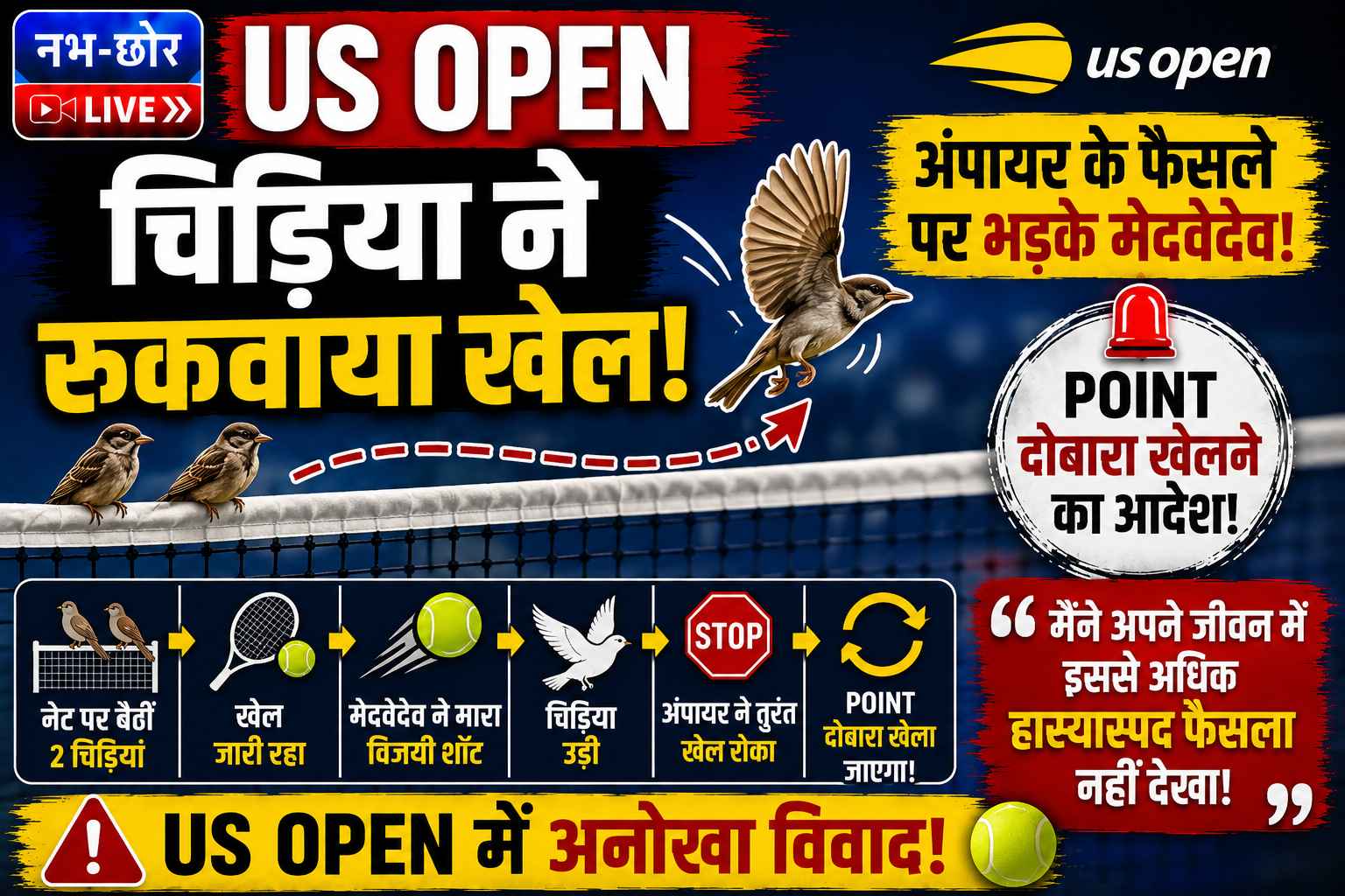US Open में चिड़िया के कारण रुका खेल, मेदवेदेव ने अंपायर के फैसले को बताया हास्यास्पद